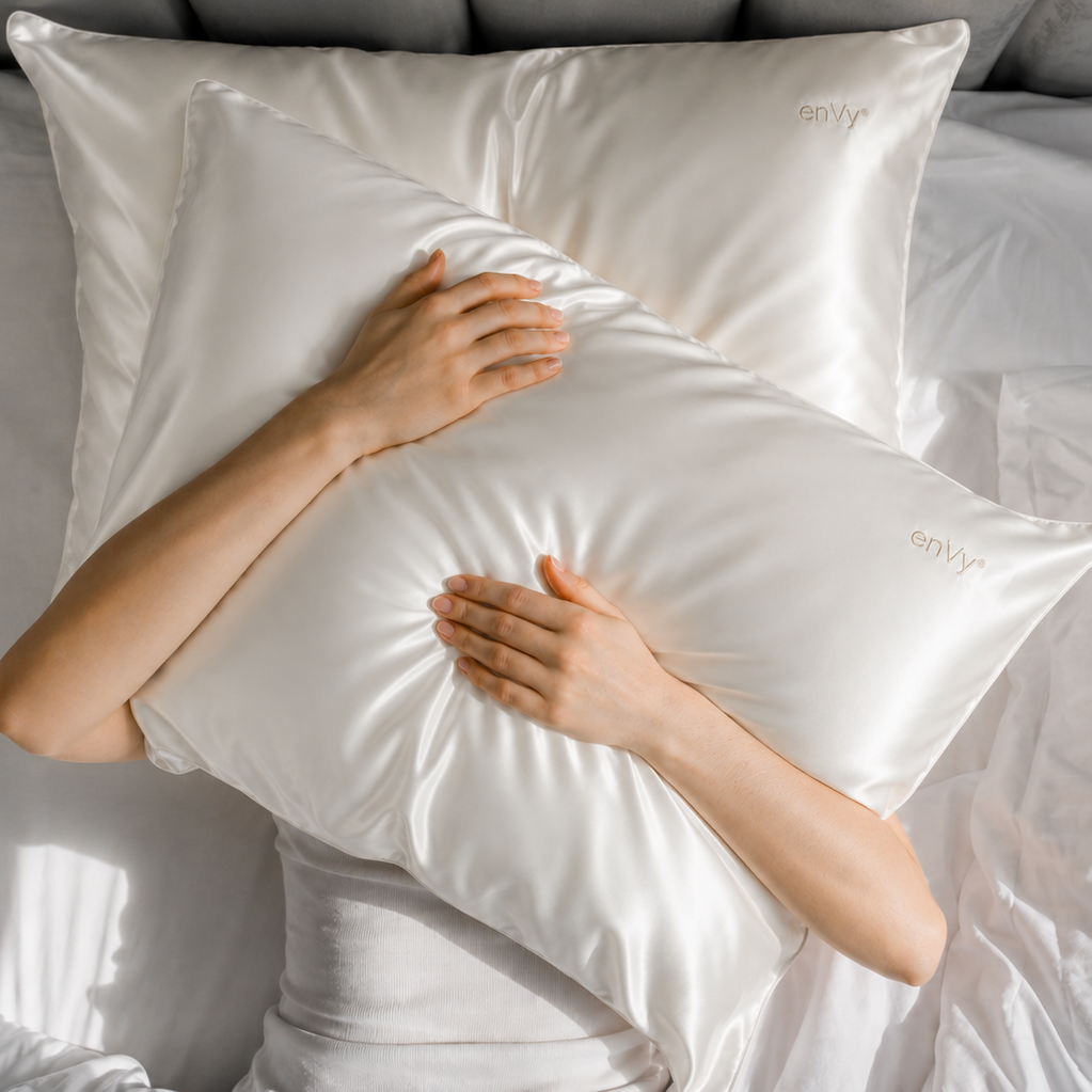 Person holding their favourite pillow with the enVy®  COPPER infused SILK pillowcase on it