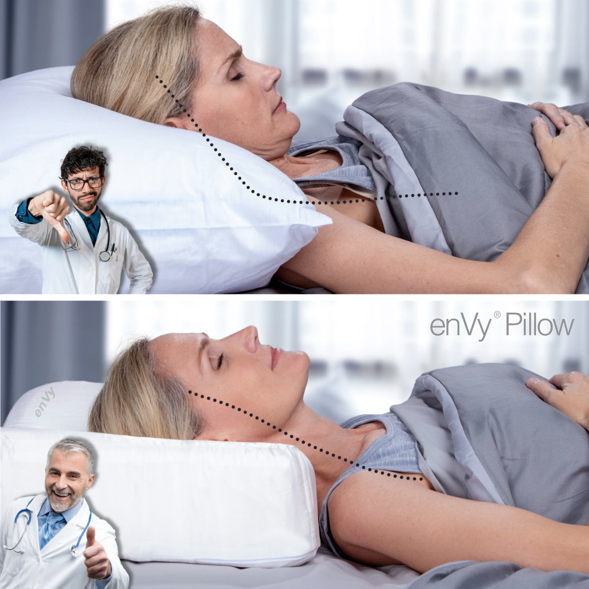 the enVy pillow and a standard pillow side by side comparison