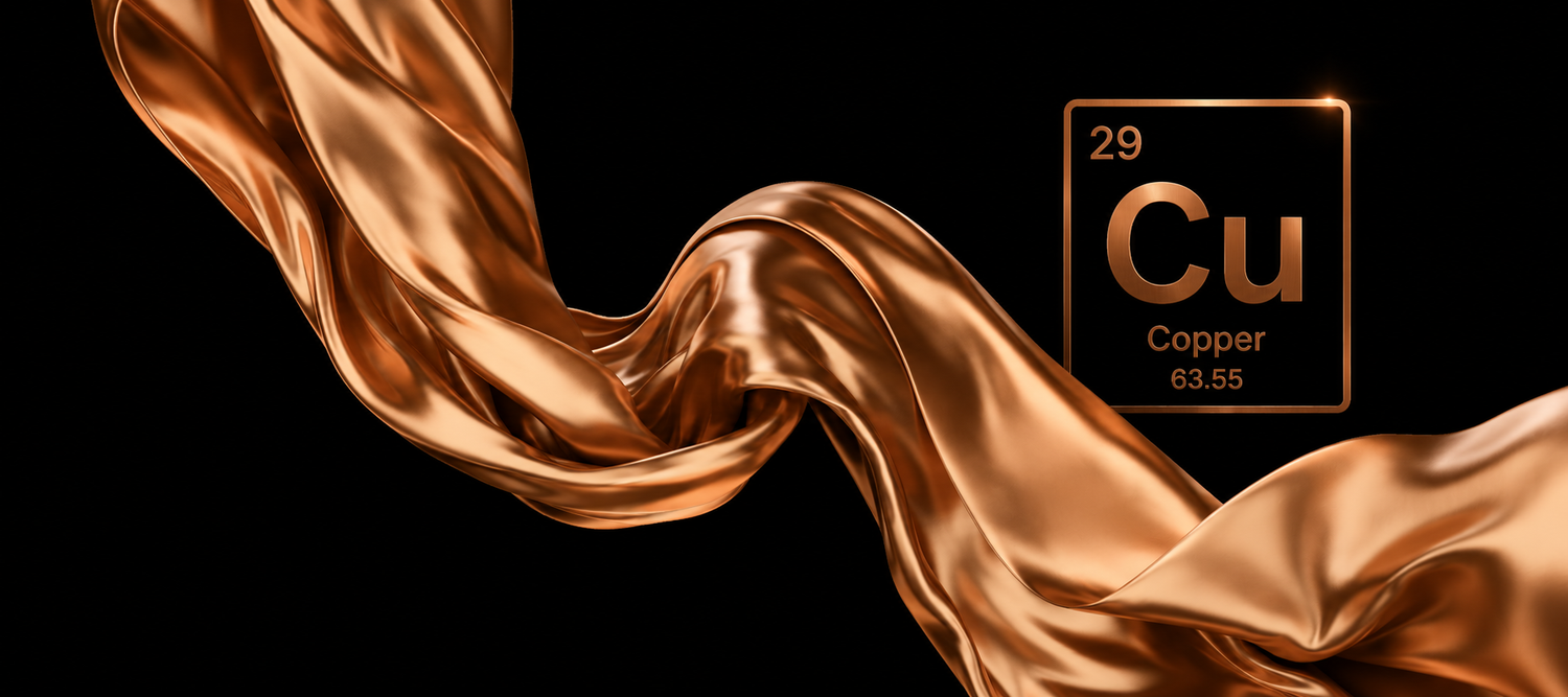 Copper infused fabric  with a periodic-table-style copper tile graphic on the right showing '29 Cu Copper 03.55'.